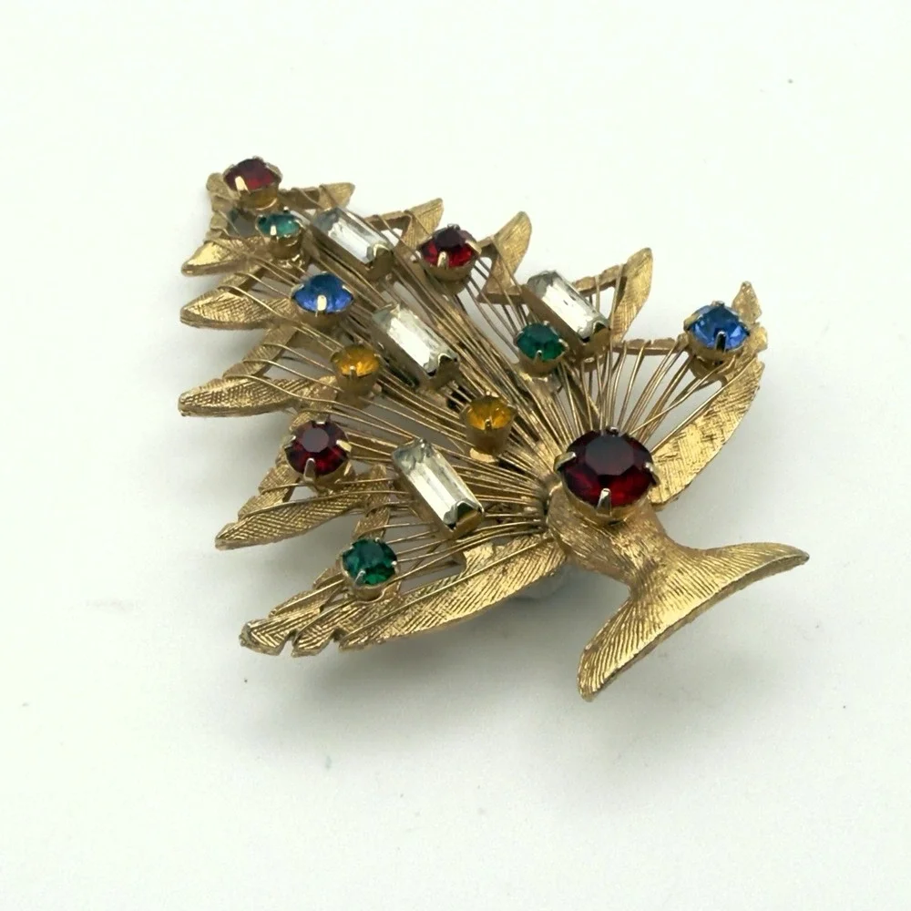 Vintage Gold Tone Multi Color Rhinestone Christmas Tree Brooch Pin Mid Century